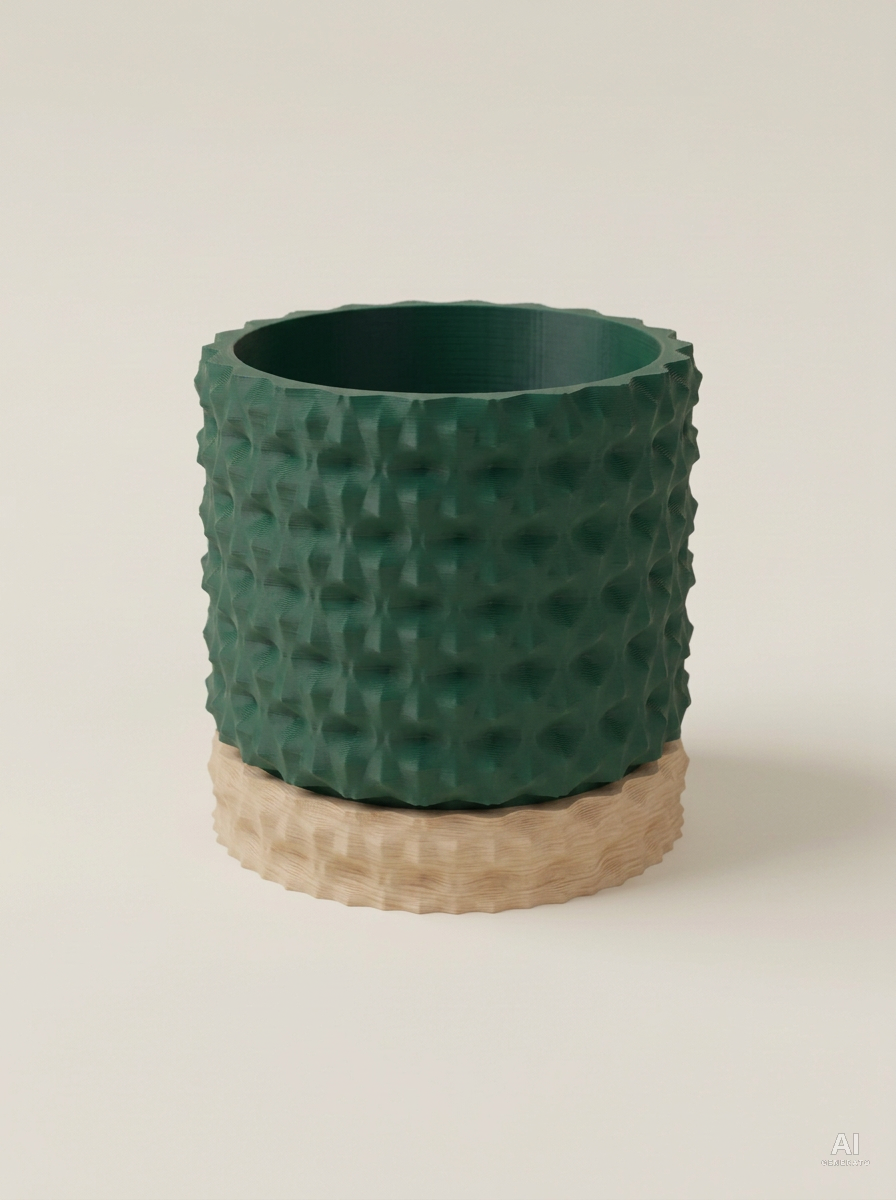 Rugged — Vaso a borchie con sottovaso, stampato in 3D - Verde Scuro / Legno Rovere