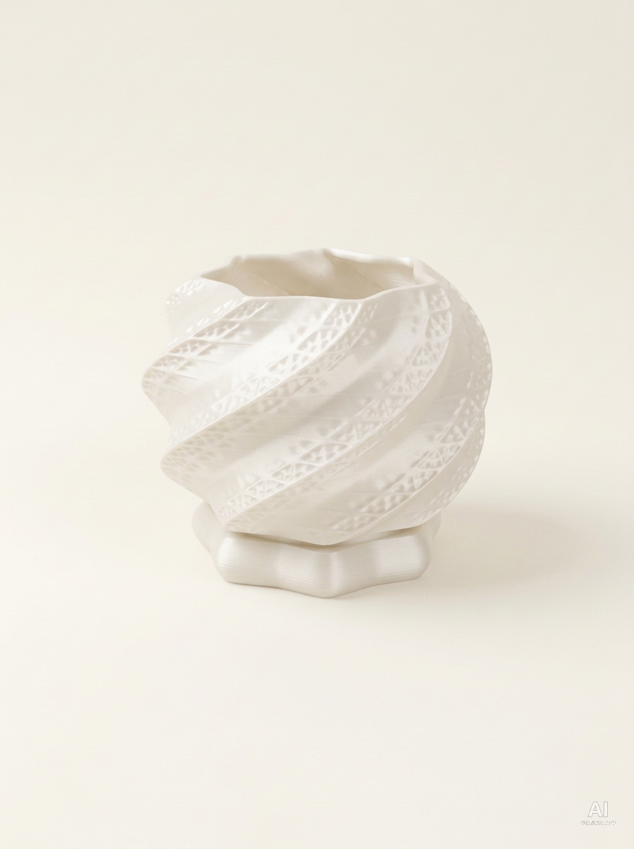 Shell — Vaso a spirale con sottovaso, stampato in 3D - Bianco Silk / Bianco Silk