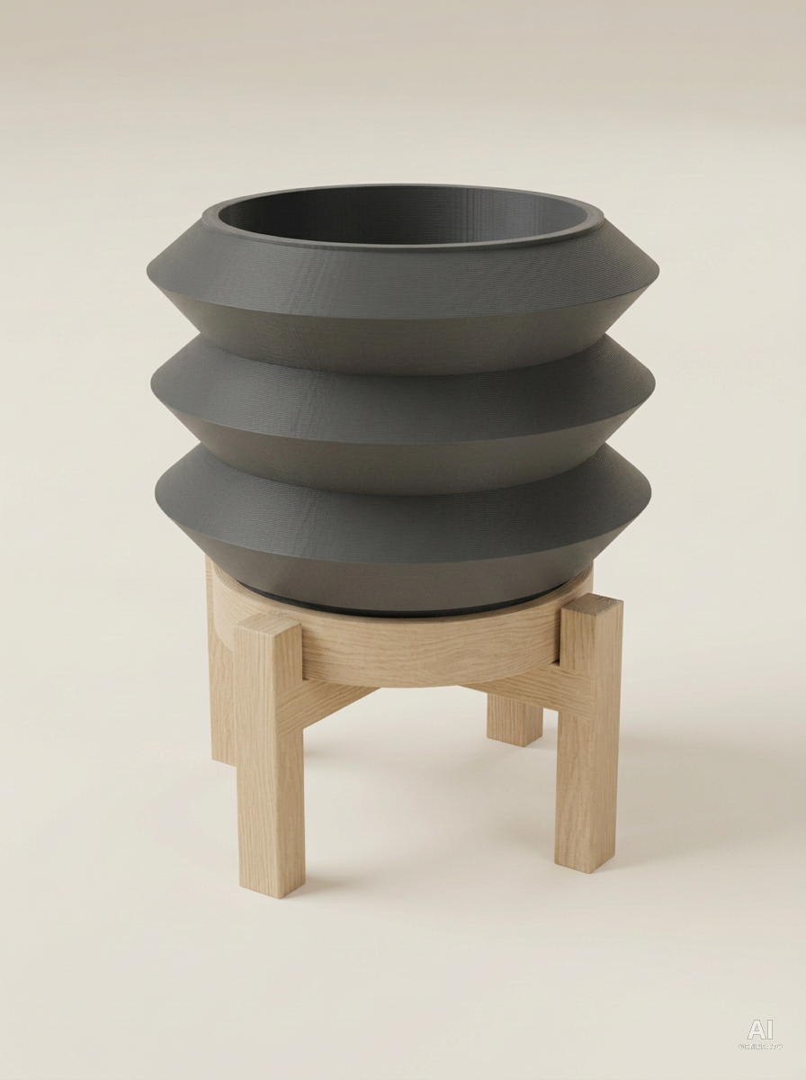Sima — Vaso a tre anelli con sottovaso e supporto, stampato in 3D - Carbone / Legno Rovere