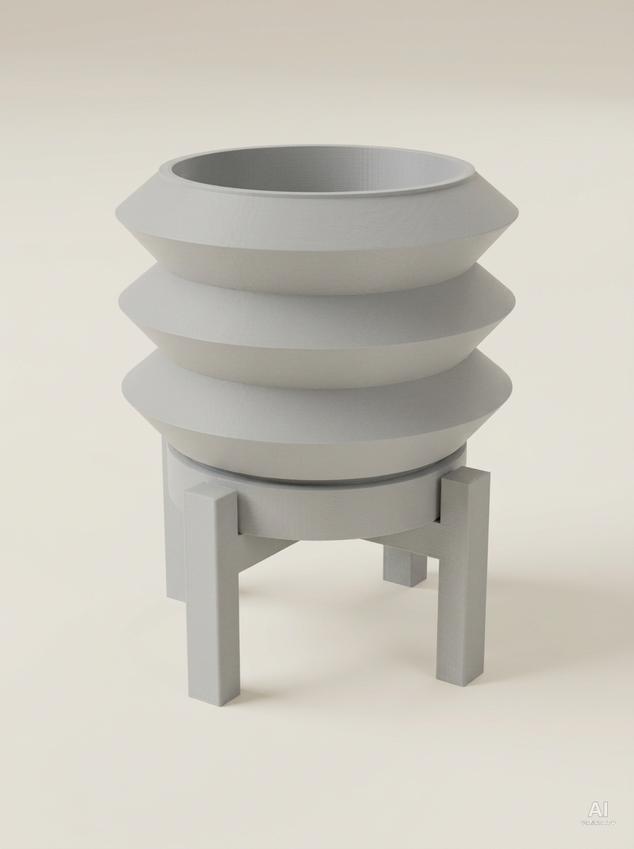 Vaso Sima a tre anelli con sottovaso e supporto a quattro gambe, stampato in 3D in PLA grigio chiaro.