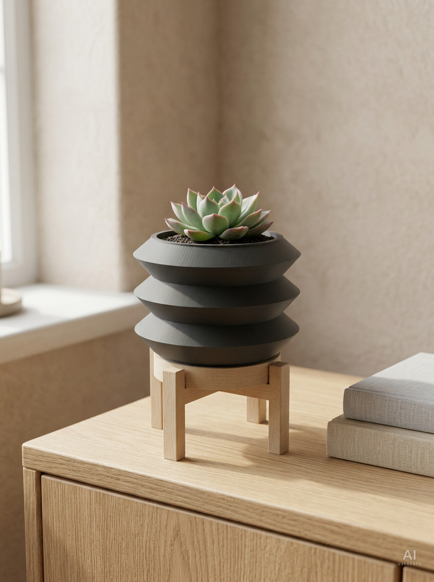 Sima — Vaso a tre anelli con sottovaso e supporto, stampato in 3D — ambientata — vaso design