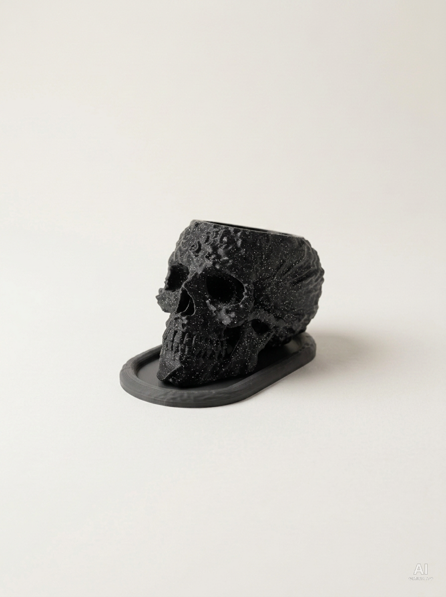 Skull — Vaso a teschio con sottovaso, stampato in 3D - Nero Glitter / Carbone