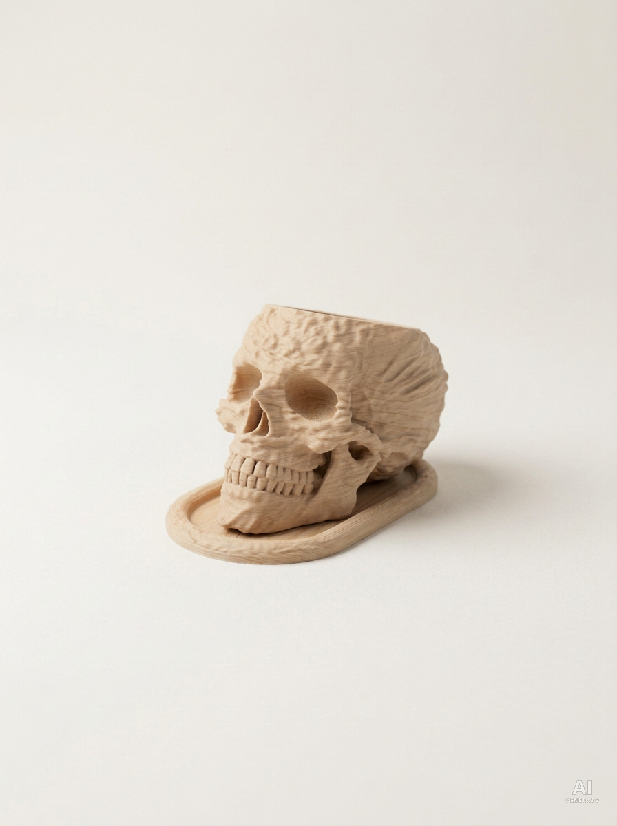 Skull — Vaso a teschio con sottovaso, stampato in 3D - Legno Rovere / Legno Rovere