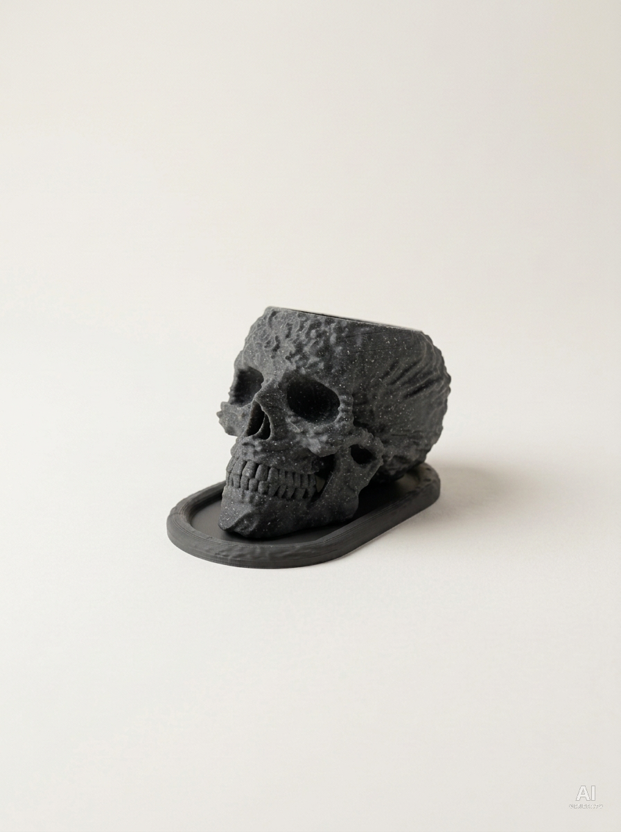Skull — Vaso a teschio con sottovaso, stampato in 3D - Grigio Pietra / Carbone