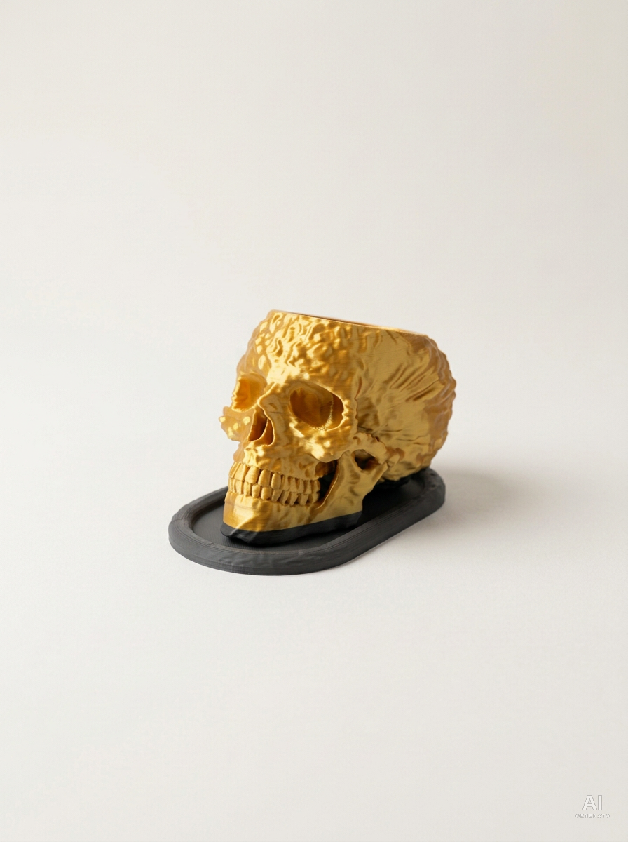 Skull — Vaso a teschio con sottovaso, stampato in 3D - Oro Silk / Carbone
