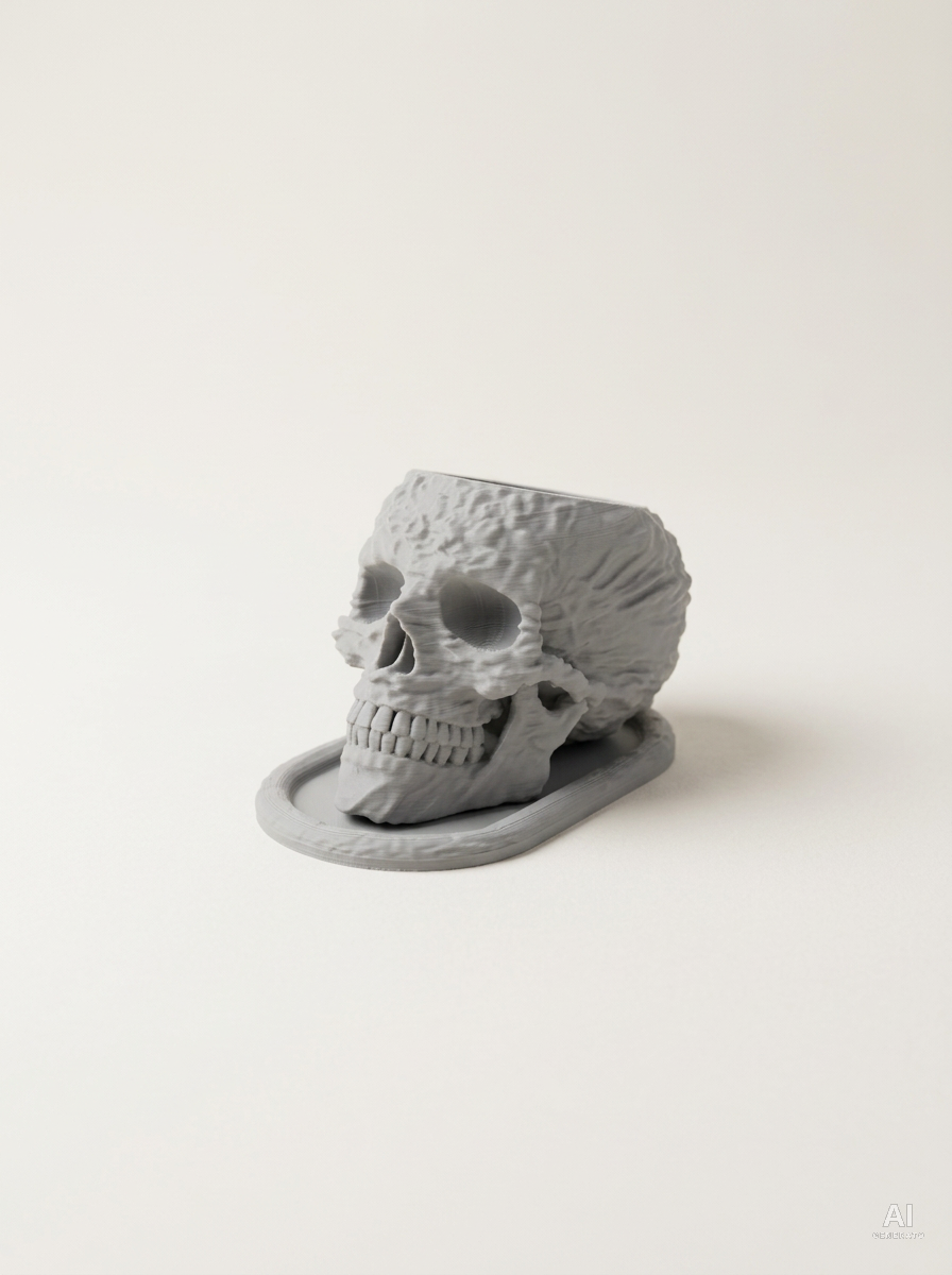 Skull — Vaso a teschio con sottovaso, stampato in 3D - Grigio Chiaro / Grigio Chiaro