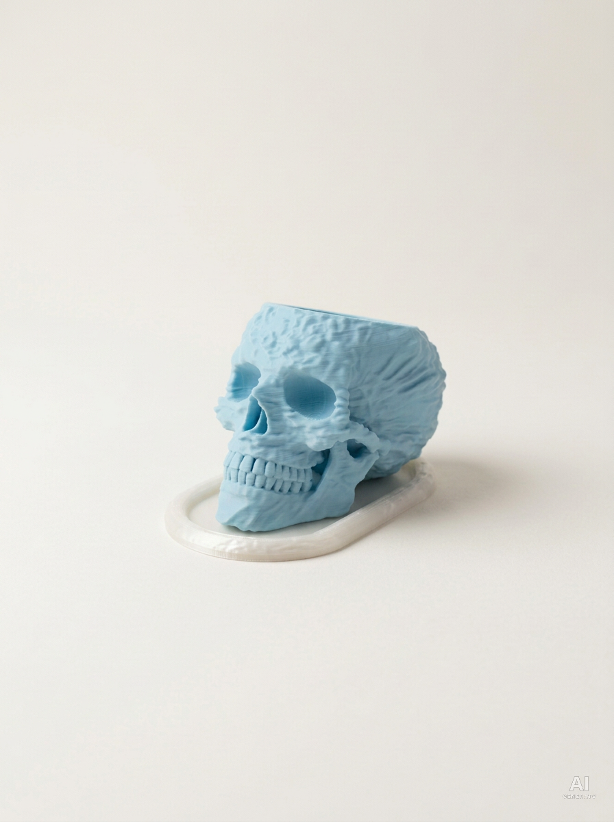 Skull — Vaso a teschio con sottovaso, stampato in 3D - Blu Ghiaccio / Bianco Silk
