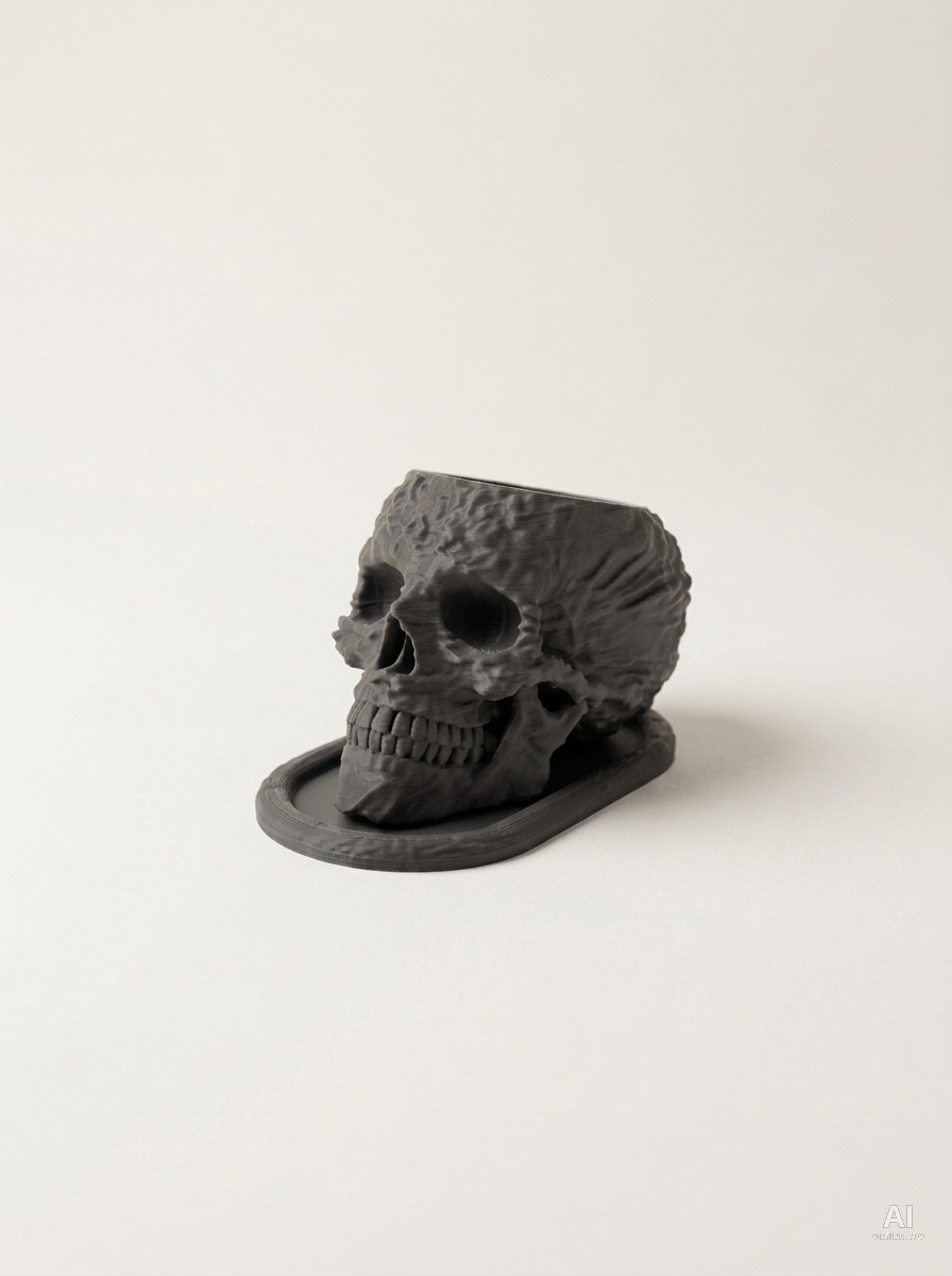 Skull — Vaso a teschio con sottovaso, stampato in 3D - Carbone / Carbone