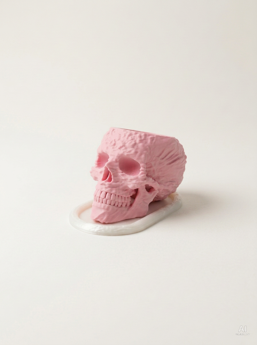 Skull — Vaso a teschio con sottovaso, stampato in 3D - Rosa / Bianco Silk