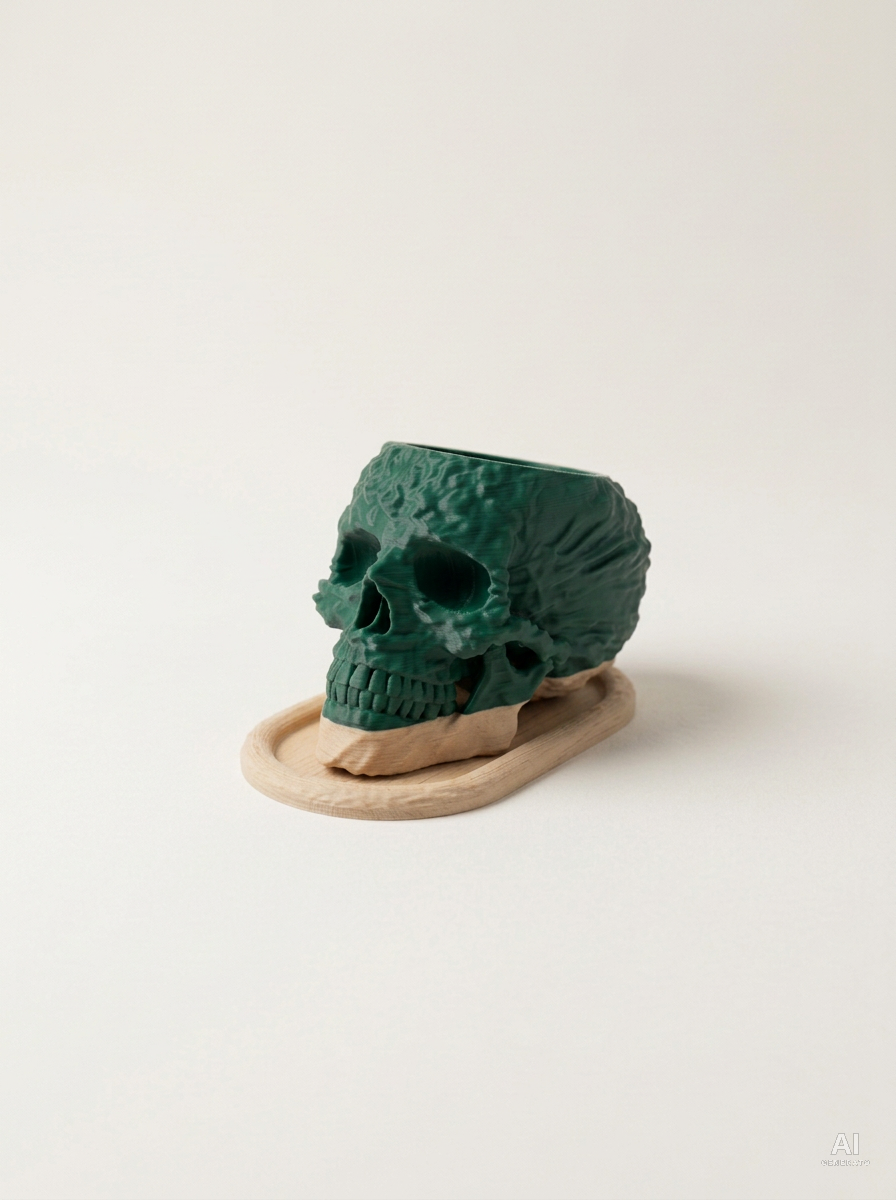 Skull — Vaso a teschio con sottovaso, stampato in 3D - Verde Scuro / Legno Rovere