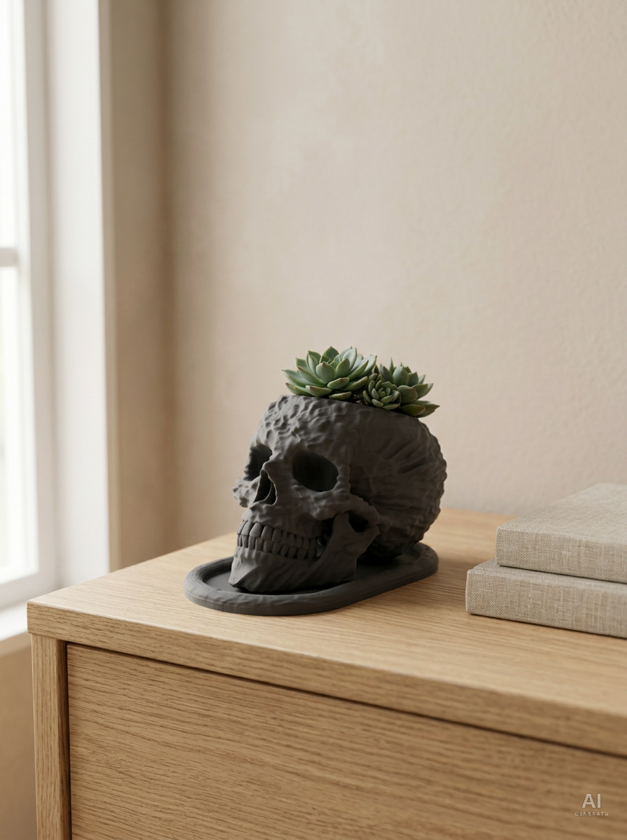 Skull — Vaso a teschio con sottovaso, stampato in 3D — ambientata — vaso teschio