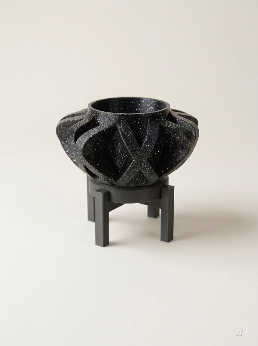 Sono — Vaso a gabbia con sottovaso e supporto, stampato in 3D - Nero Glitter / Carbone