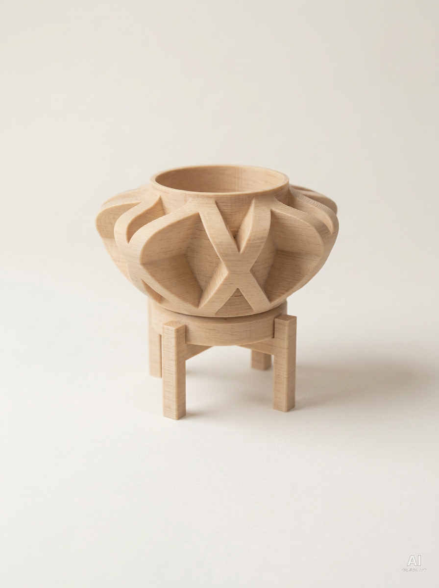 Sono — Vaso a gabbia con sottovaso e supporto, stampato in 3D - Legno Rovere / Legno Rovere