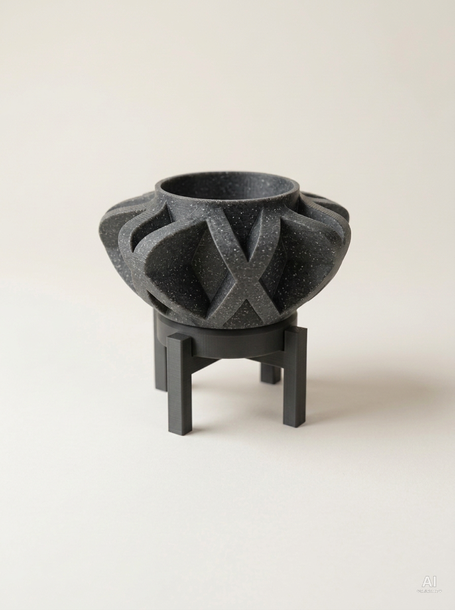 Sono — Vaso a gabbia con sottovaso e supporto, stampato in 3D - Grigio Pietra / Carbone