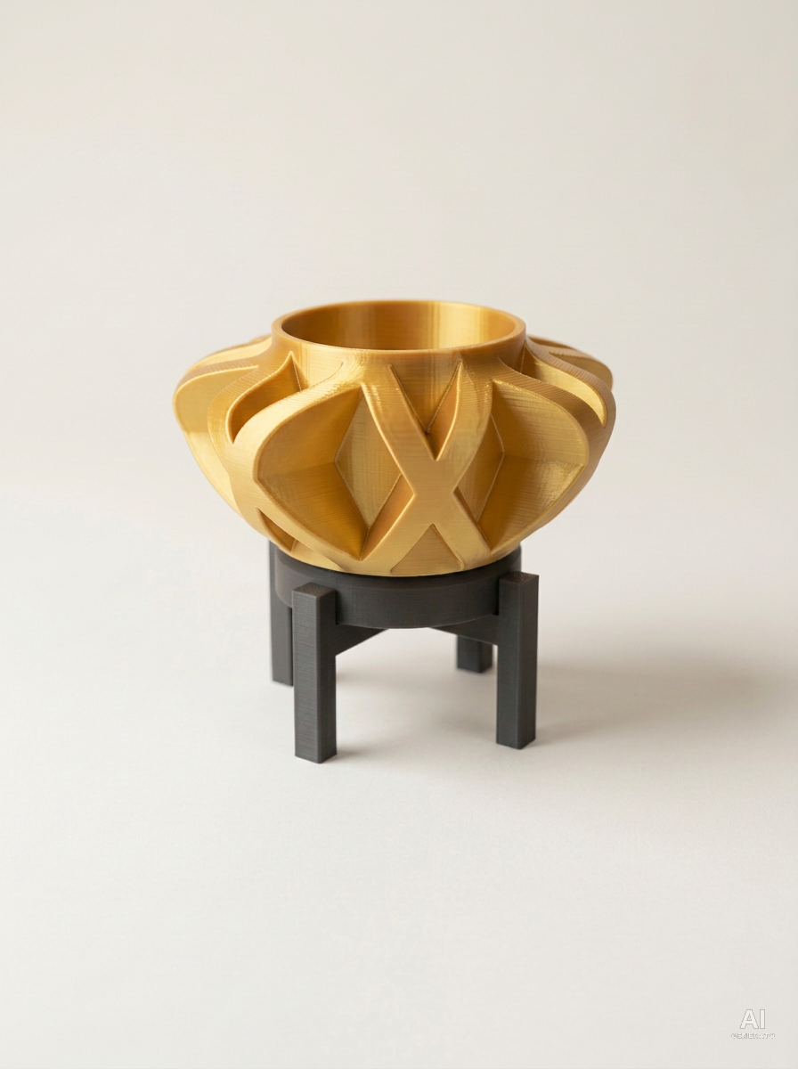 Sono — Vaso a gabbia con sottovaso e supporto, stampato in 3D - Oro Silk / Carbone