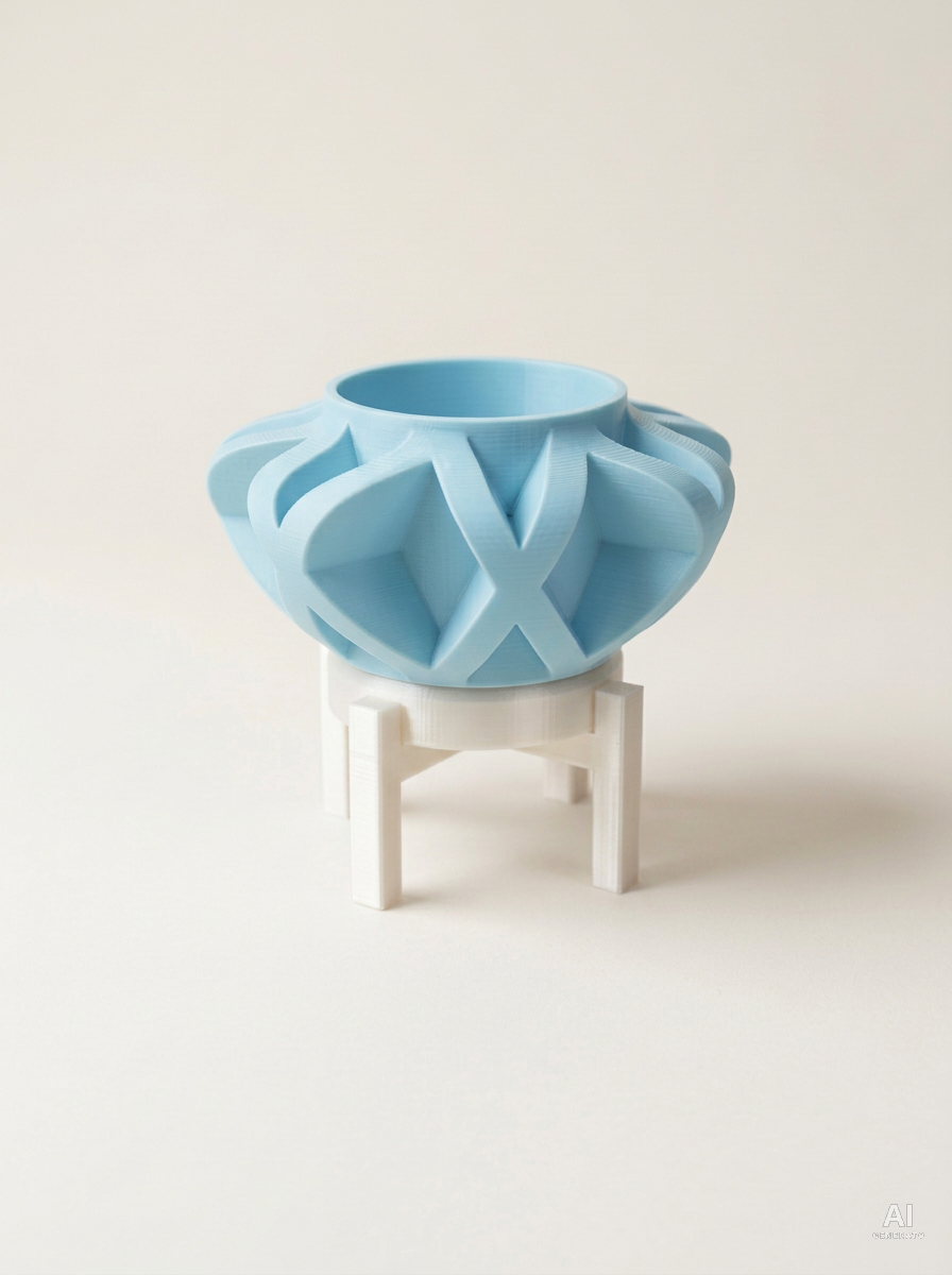 Sono — Vaso a gabbia con sottovaso e supporto, stampato in 3D - Blu Ghiaccio / Bianco Silk