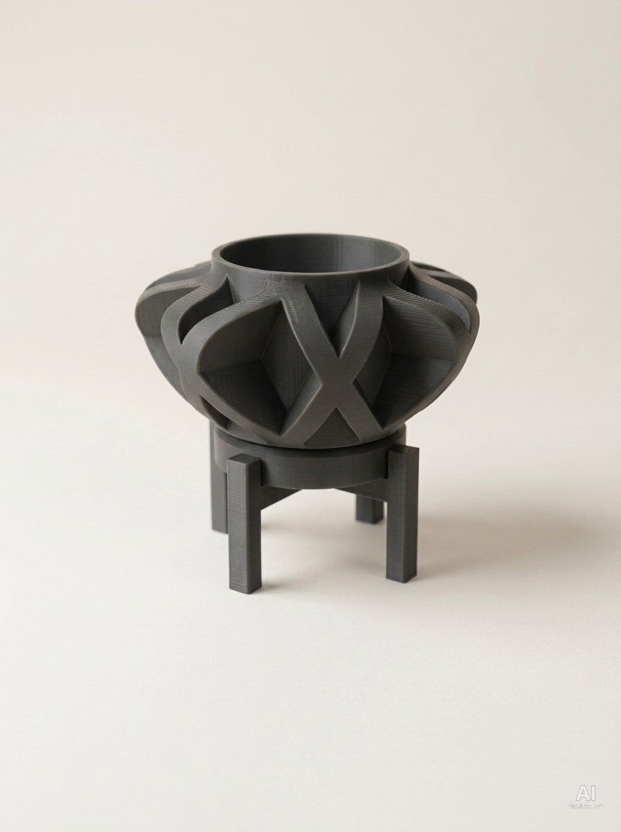 Sono — Vaso a gabbia con sottovaso e supporto, stampato in 3D - Carbone / Carbone