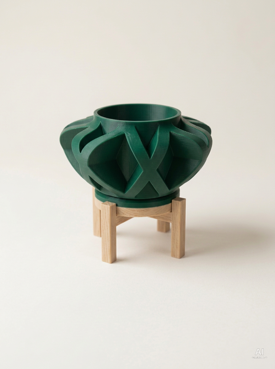 Sono — Vaso a gabbia con sottovaso e supporto, stampato in 3D - Verde Scuro / Legno Rovere