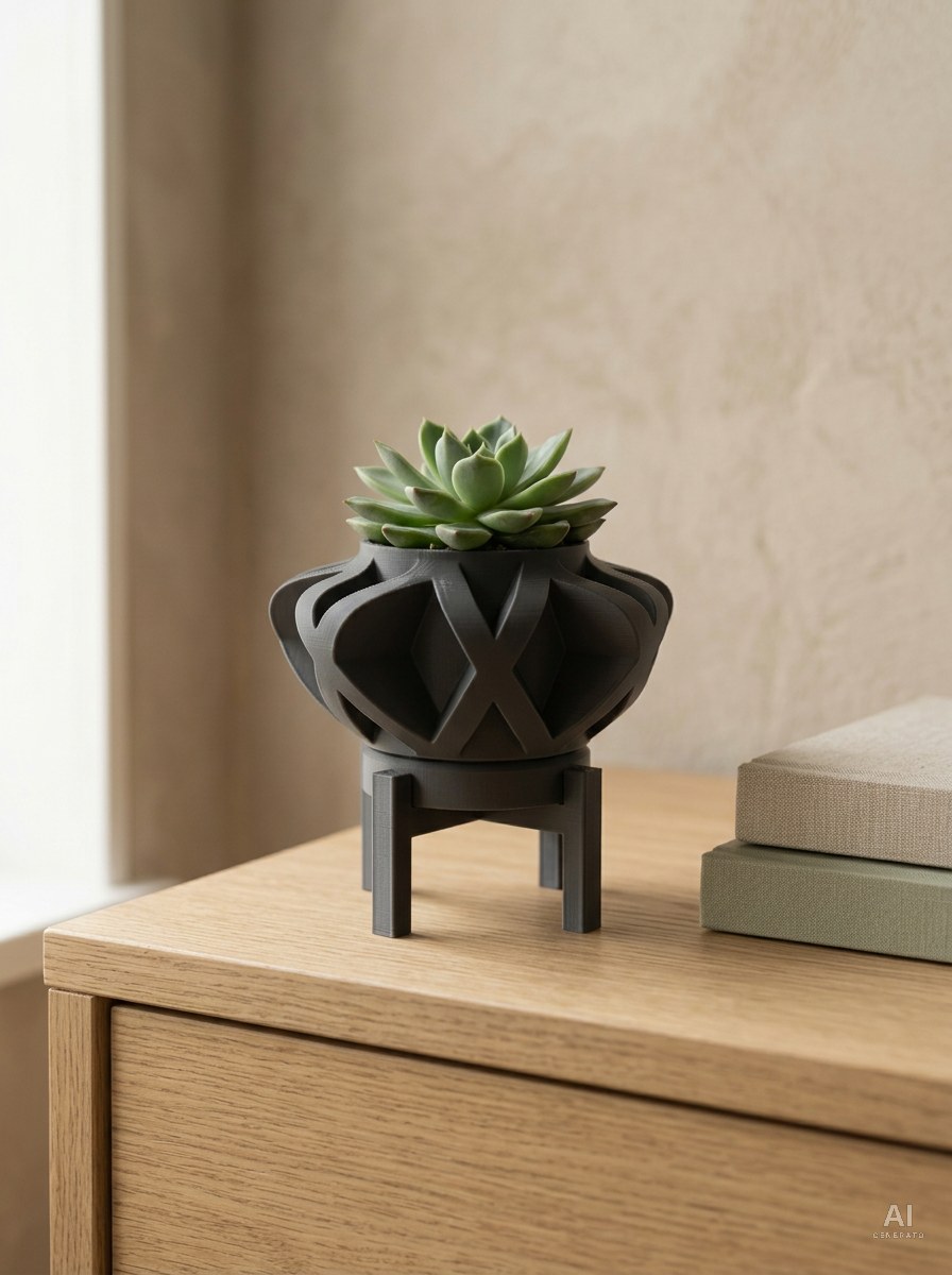 Sono — Vaso a gabbia con sottovaso e supporto, stampato in 3D — ambientata — vaso design