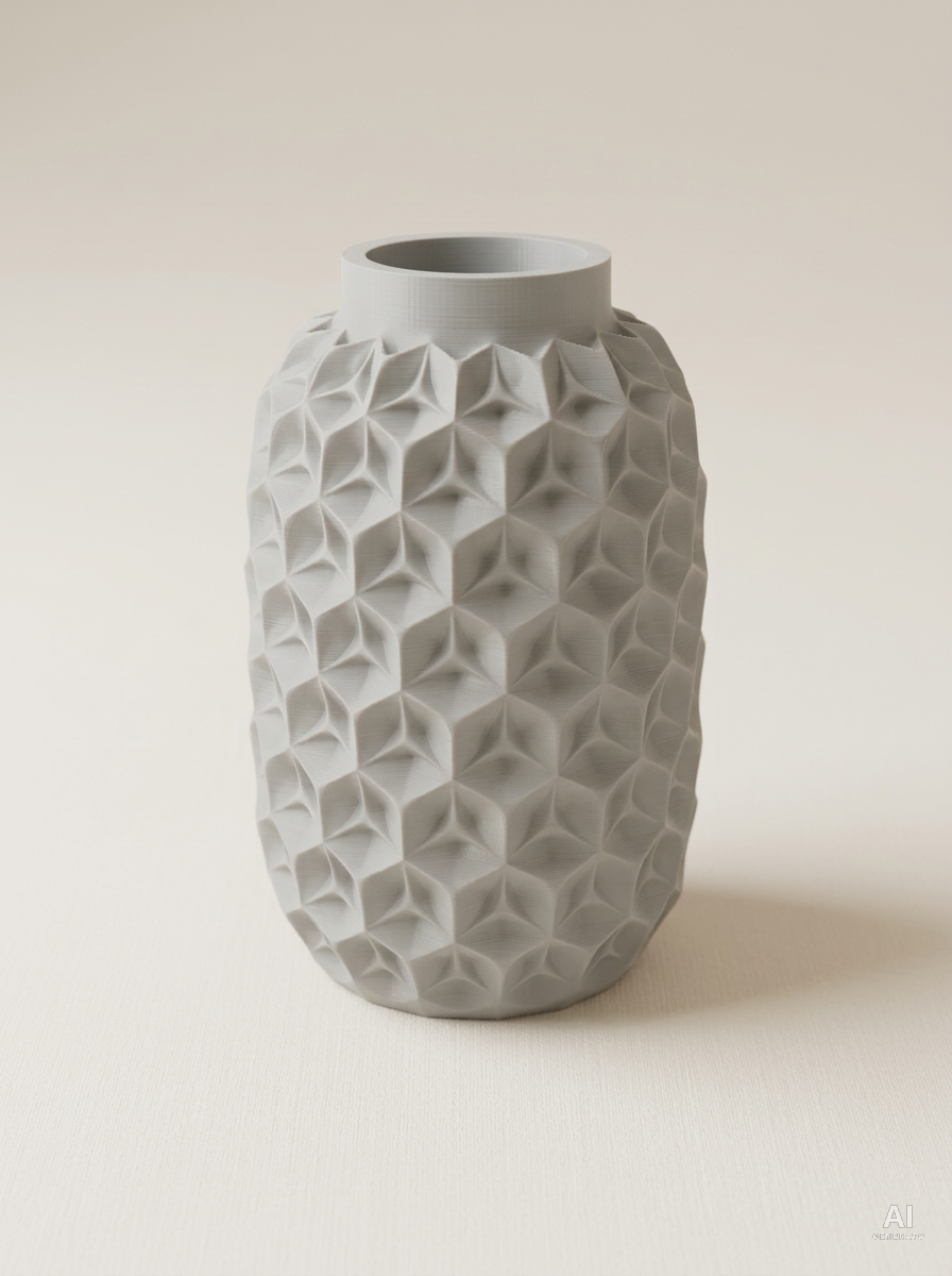 Trihex grigio chiaro, vaso con facce triangolari su un corpo bombato e un corto collo liscio, su fondo neutro.