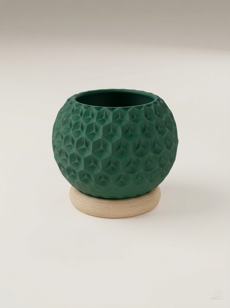 Trihex — Vaso geometrico sfaccettato con sottovaso - Verde Scuro / Legno Rovere