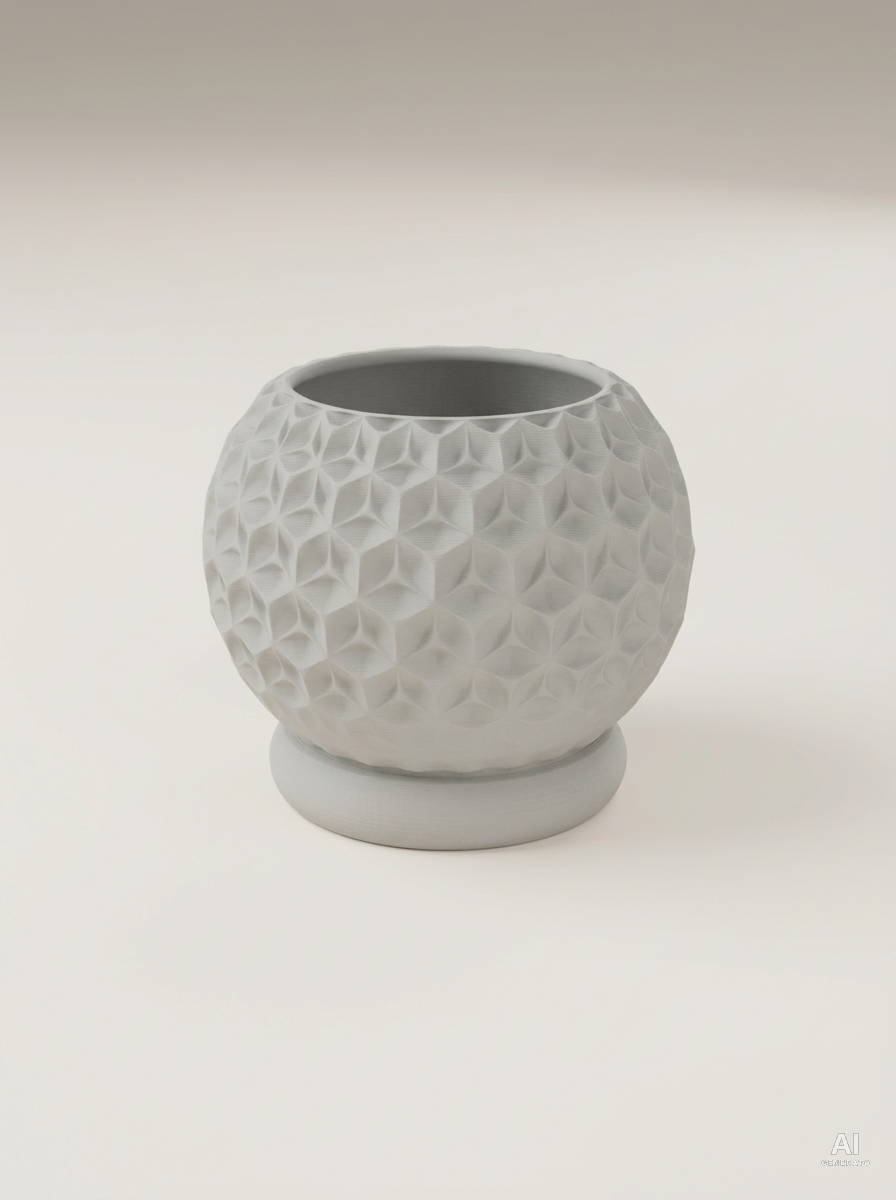 Vaso Trihex grigio chiaro con stelle sfaccettate e sottovaso separato, vuoto, visto di tre quarti.