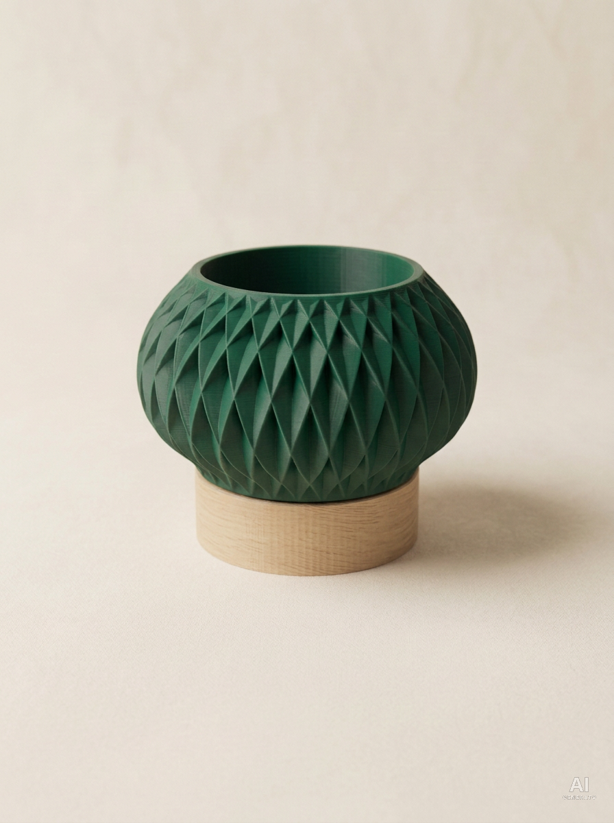 Velux — Vaso a rombi con sottovaso a piedistallo - Verde Scuro / Legno Rovere
