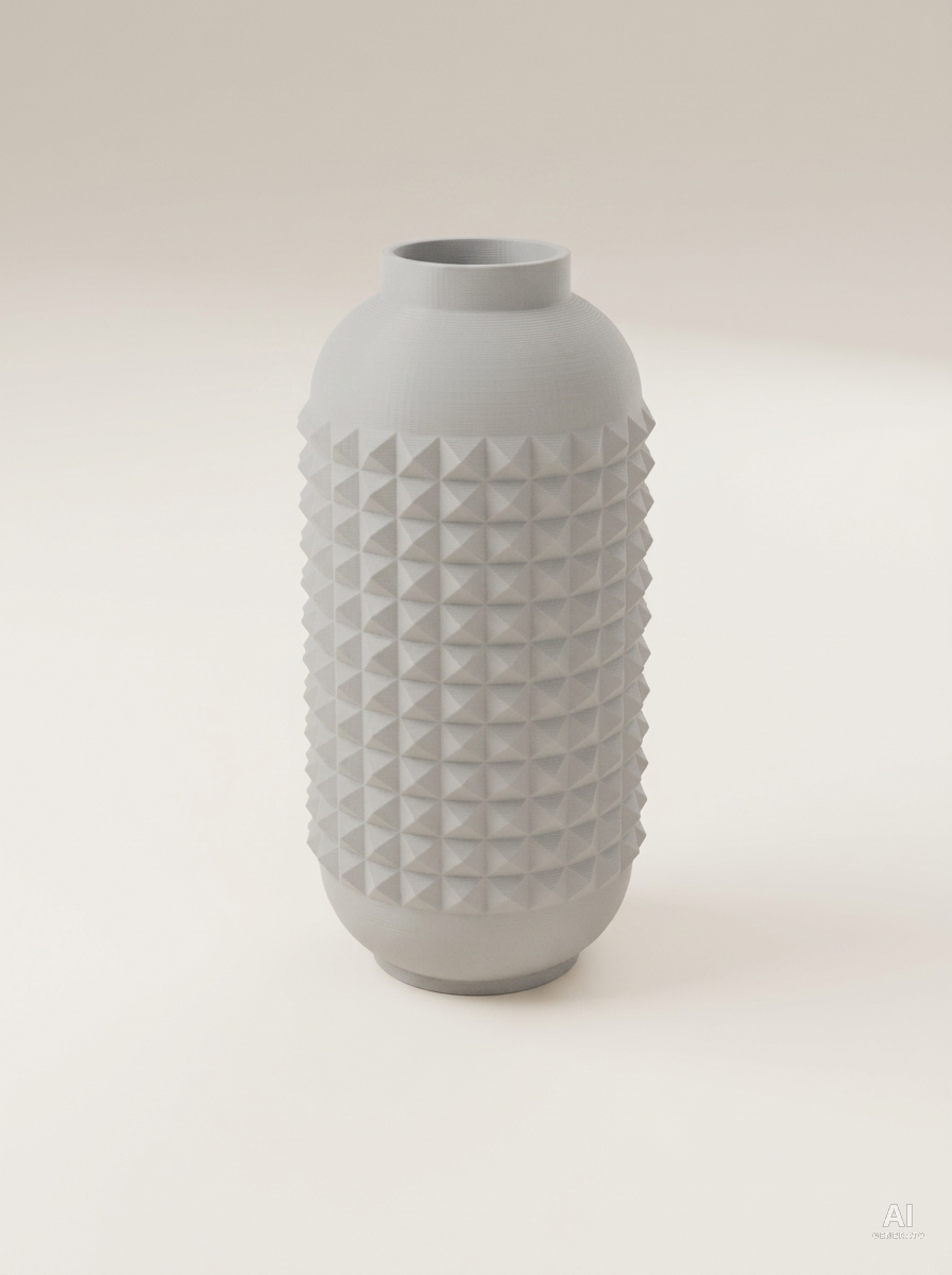 Vaso Verdura a capsula con griglia di borchie a piramide, stampato in 3D in PLA grigio chiaro.