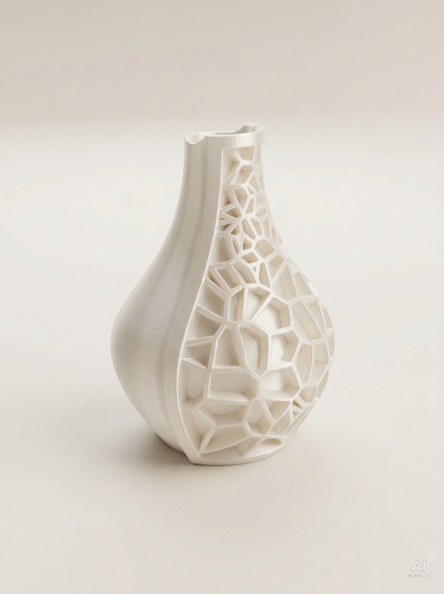 Vori 02 — Vaso decorativo a goccia mezzo reticolo stampato in 3D - effetto seta - Bianco Silk