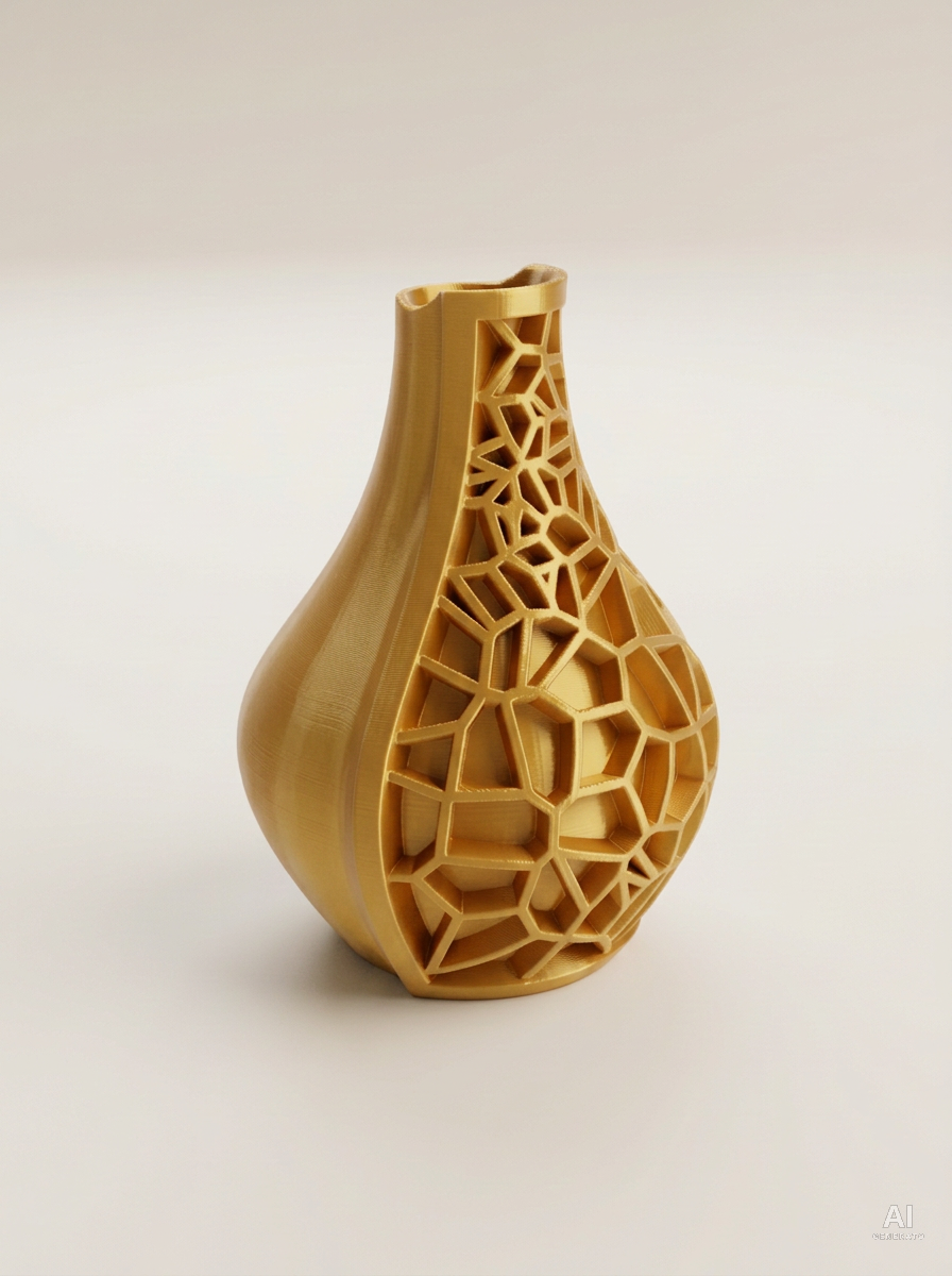 Vori 02 — Vaso decorativo a goccia mezzo reticolo stampato in 3D - effetto seta - Oro Silk