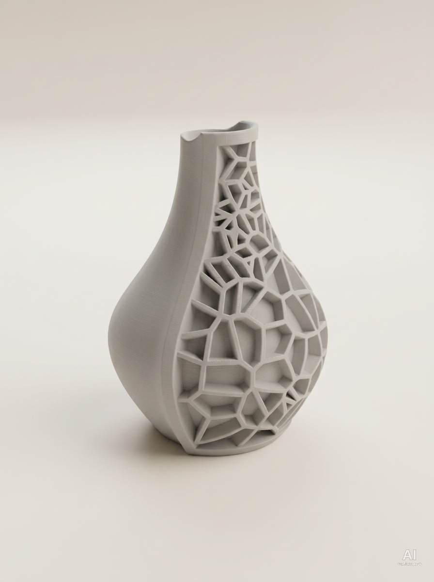 Vaso Vori 02 a goccia, per metà liscio e per metà coperto da un reticolo a celle, stampato in 3D in PLA grigio chiaro.