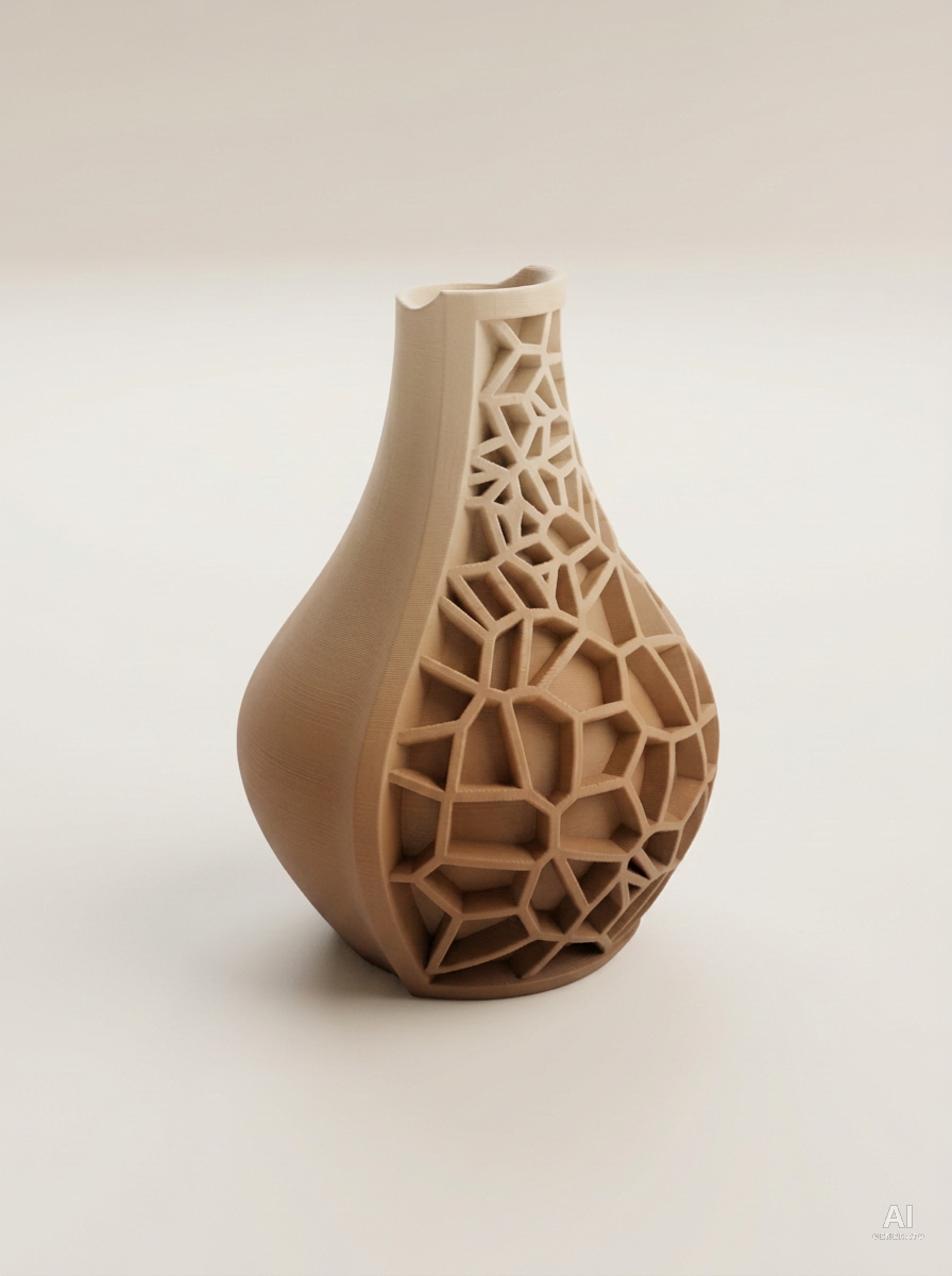 Vori 02 — Vaso decorativo a goccia mezzo reticolo stampato in 3D - sfumato - Cappuccino Sfumato