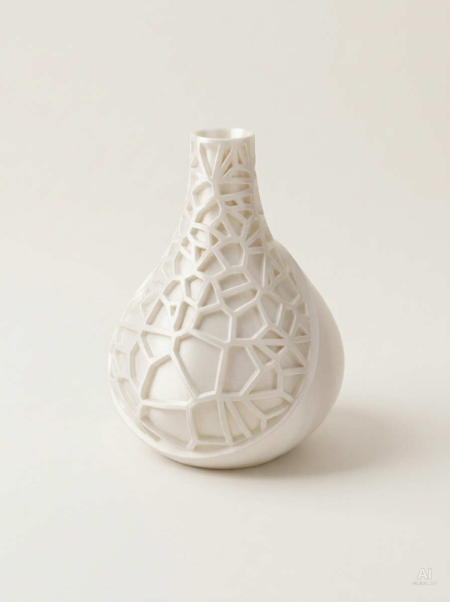 Vori 03 — Vaso decorativo a goccia a reticolo stampato in 3D - effetto seta - Bianco Silk
