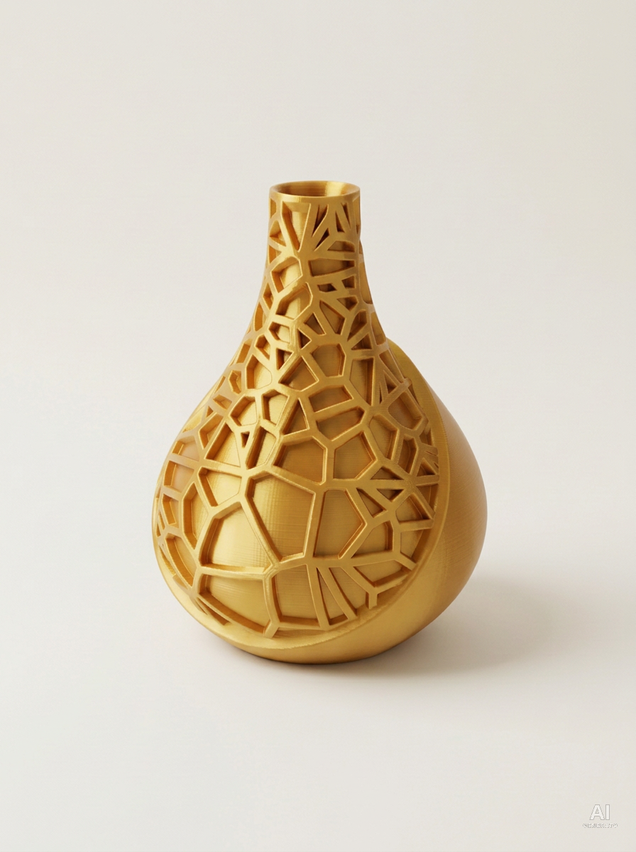 Vori 03 — Vaso decorativo a goccia a reticolo stampato in 3D - effetto seta - Oro Silk