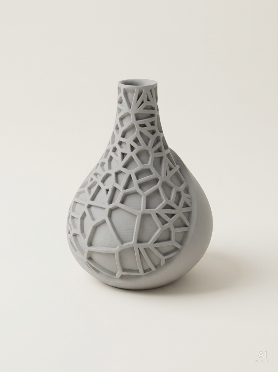 Vaso Vori 03 a goccia rivestito da un reticolo a celle con un guscio liscio sul lato basso, stampato in 3D in PLA grigio chiaro.