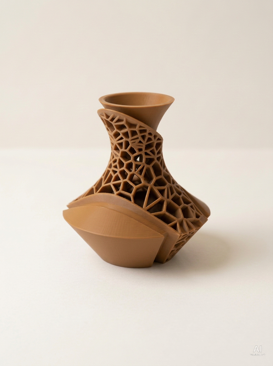 Vori — Vaso decorativo a lamine traforate stampato in 3D - finitura opaca - Marrone Nocciola