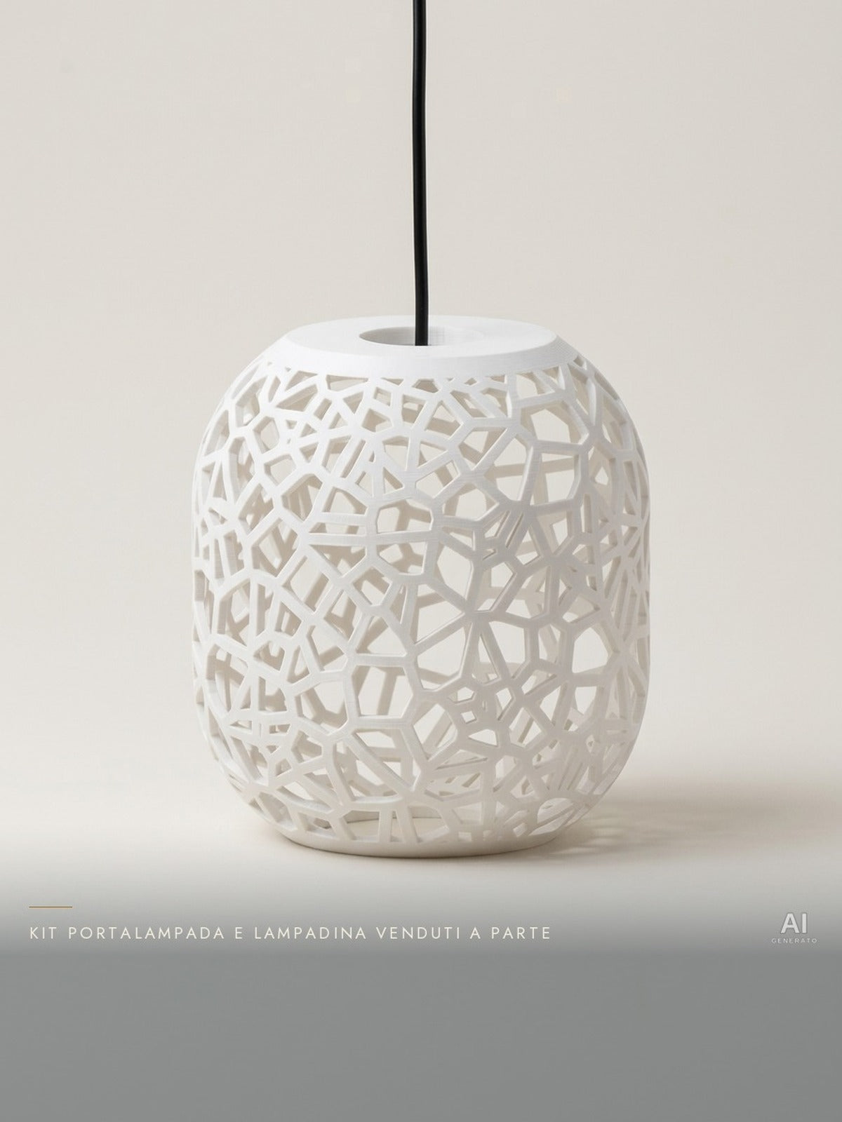 Resa digitale AI di Vori02 Pendant bianco: paralume ovoidale a reticolo Voronoi con aperture poligonali, anello superiore originale e fondo aperto