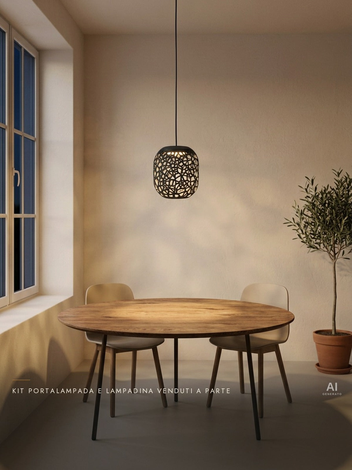 Vori02 Pendant – Paralume a sospensione a reticolo Voronoi — ambientata sera accesa — lampada a sospensione