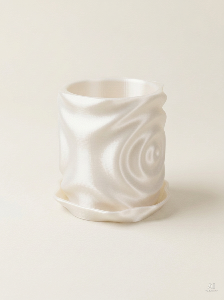Waterdrop — Vaso a onde con sottovaso, stampato in 3D - Bianco Silk / Bianco Silk