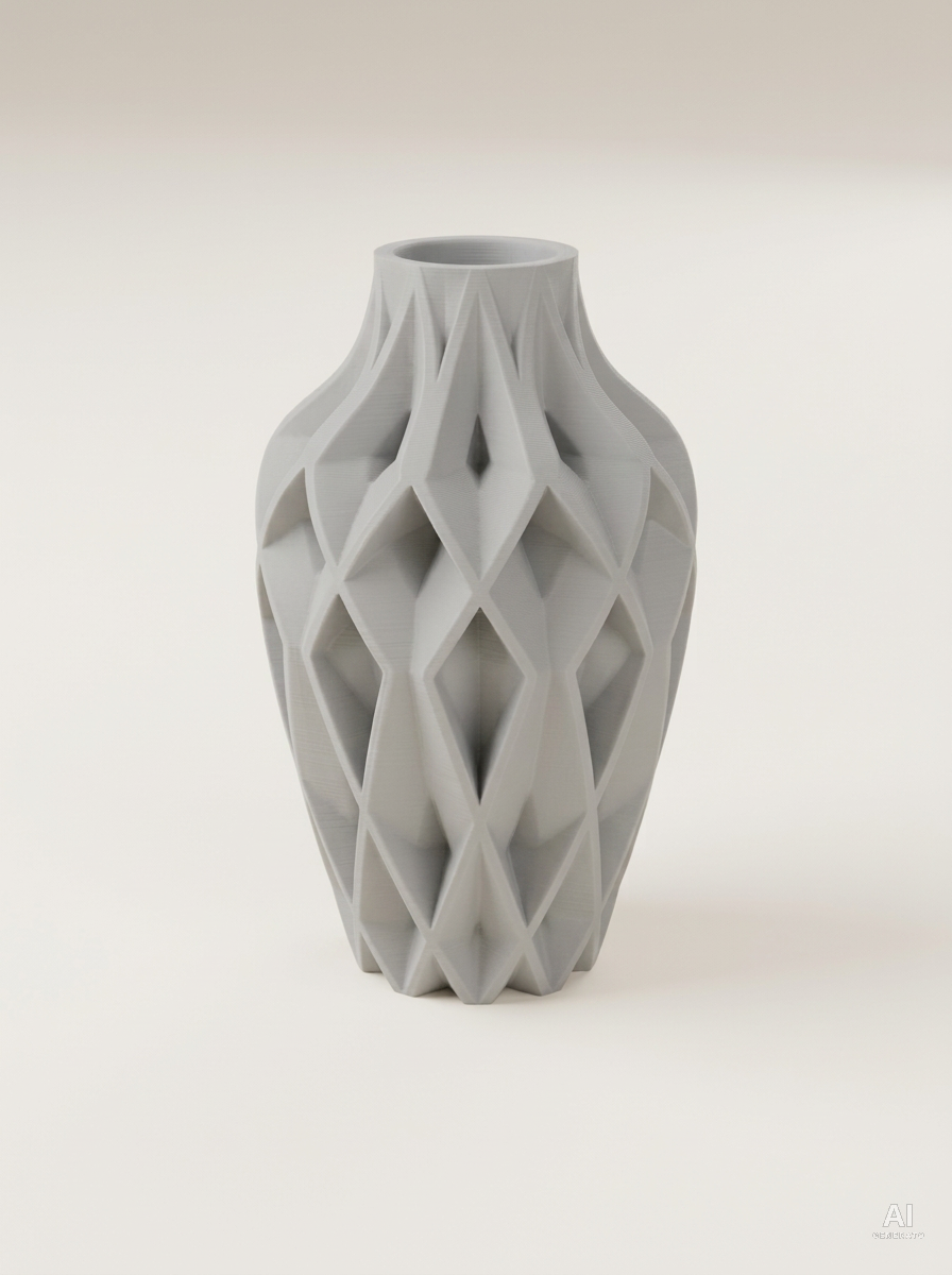 Vaso Yano a bottiglia sfaccettato da rombi incavati, stampato in 3D in PLA grigio chiaro.