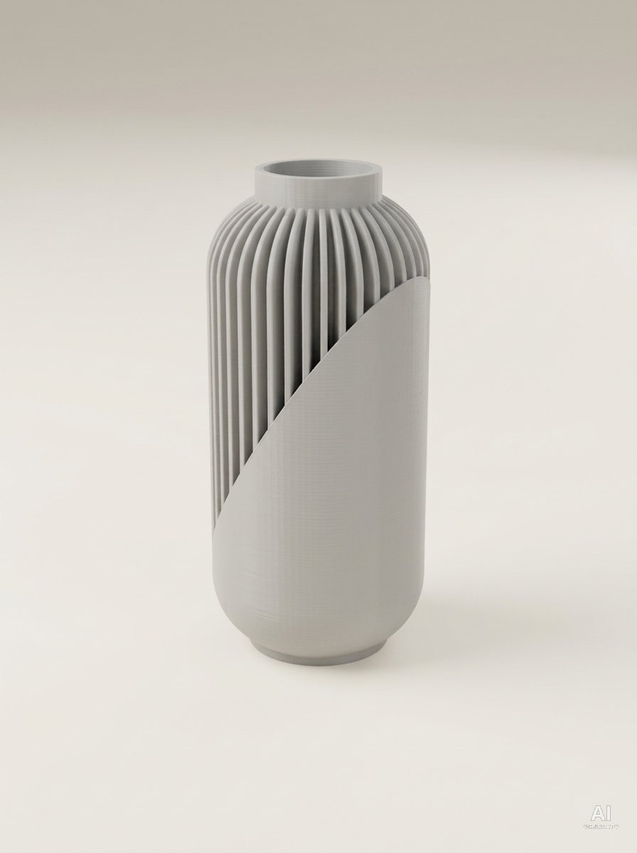 Vaso Yao Reissue a capsula con costolature verticali e fascia liscia diagonale, stampato in 3D in PLA grigio chiaro.