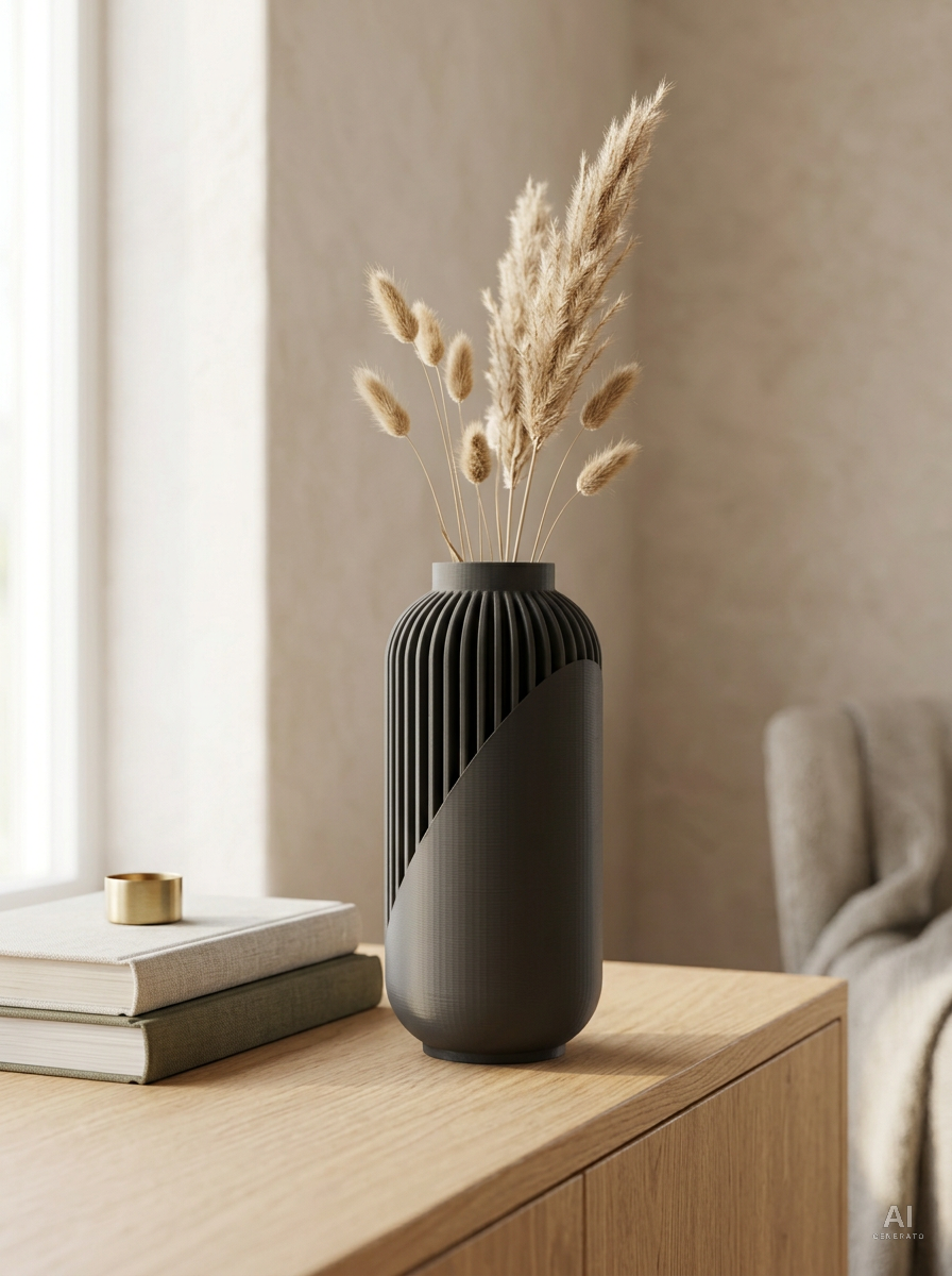 Yao Reissue — Vaso decorativo rigato con fascia liscia stampato in 3D — ambientata — vaso di design